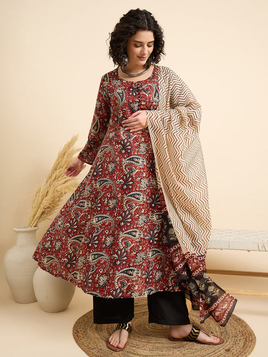Women Viscose Maroon Anarkali Kurta And Pant Set With Dupatta
