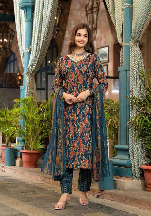 Embroidery A-Line Kurta and Pant set with Dupatta