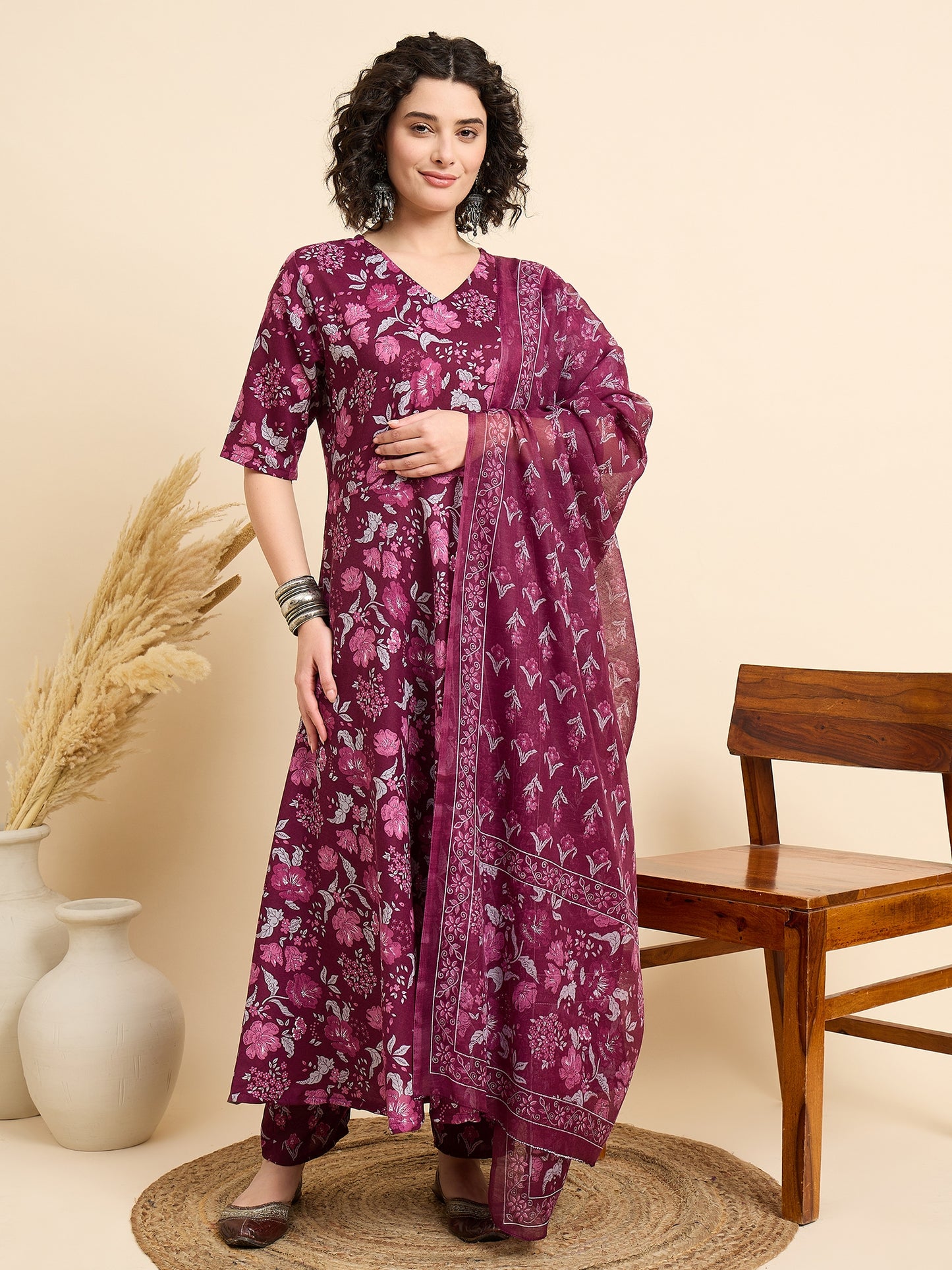 Women Viscose Purple Anarkali Kurta And Pant Set With Dupatta