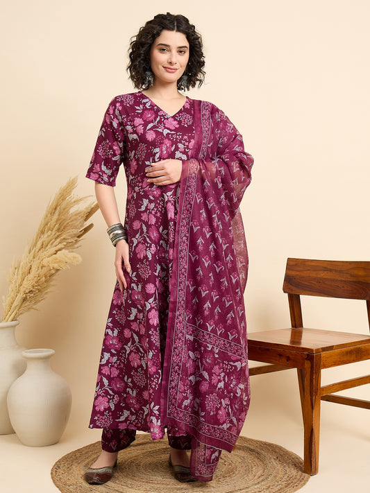 Women Viscose Purple Anarkali Kurta And Pant Set With Dupatta