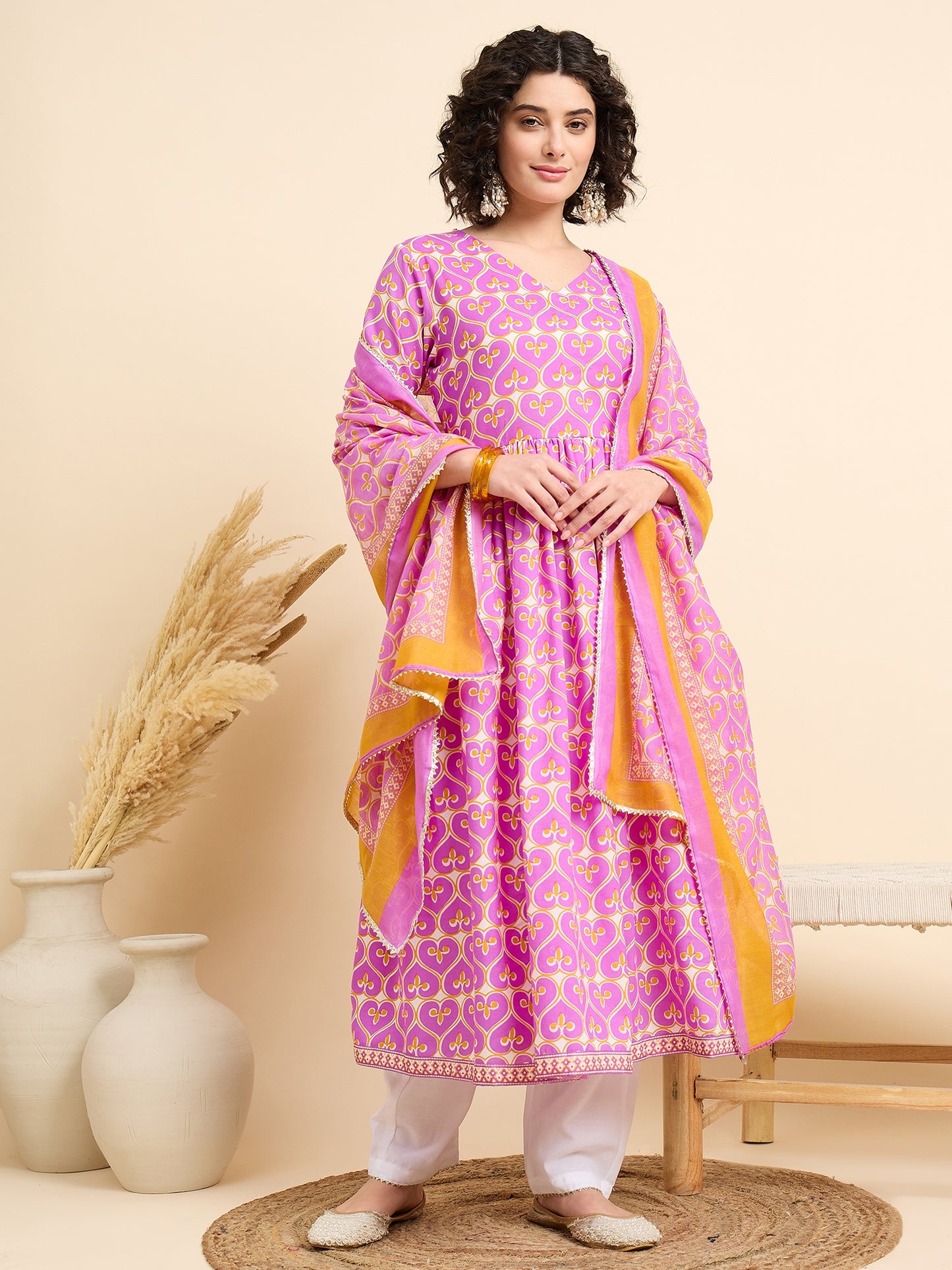 Women Viscose Pink Anarkali Kurta And Pant Set With Dupatta
