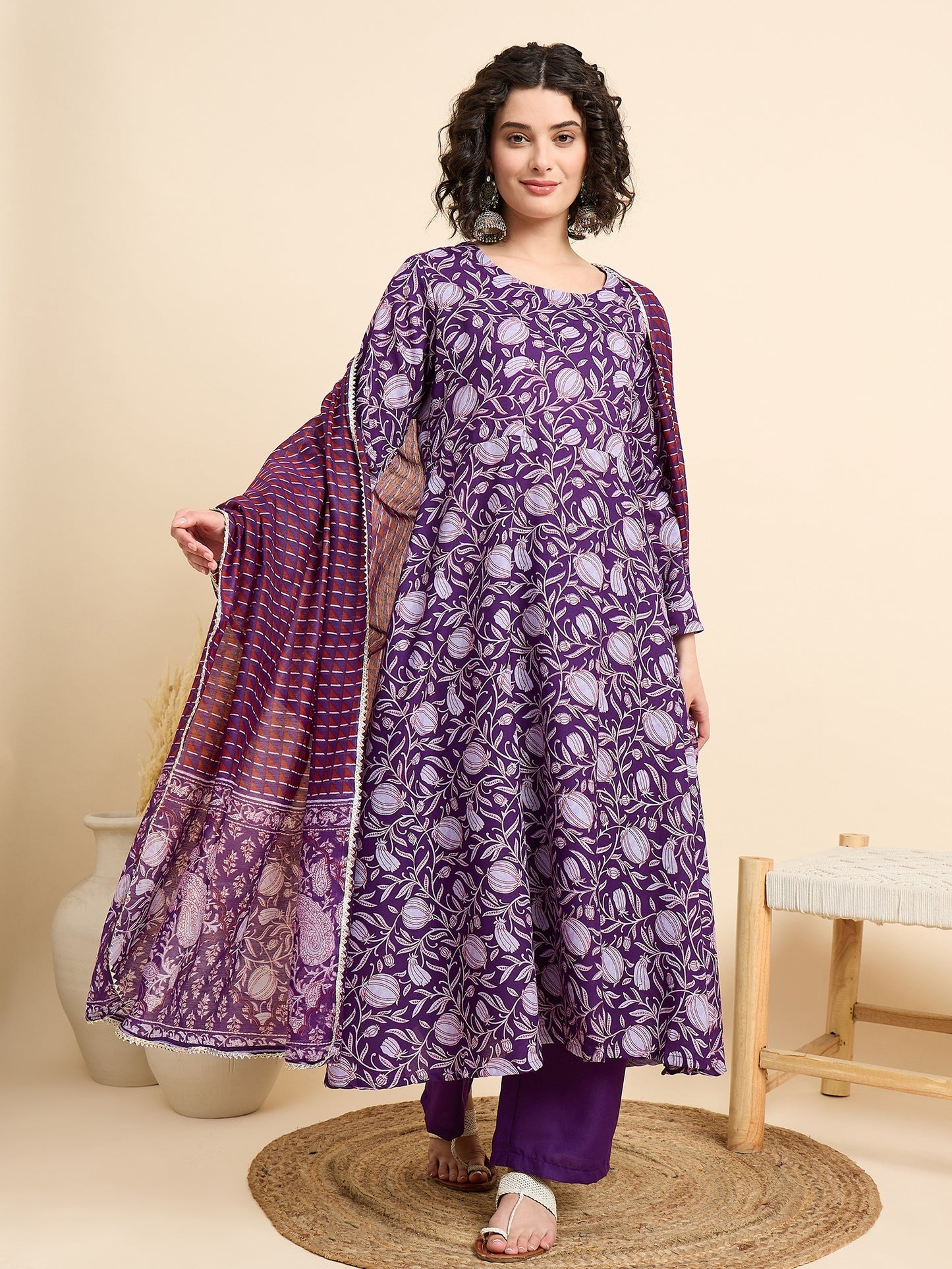 Women Viscose Anarkali Kurta And Pant Set With Dupatta