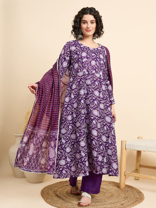 Women Viscose Anarkali Kurta And Pant Set With Dupatta