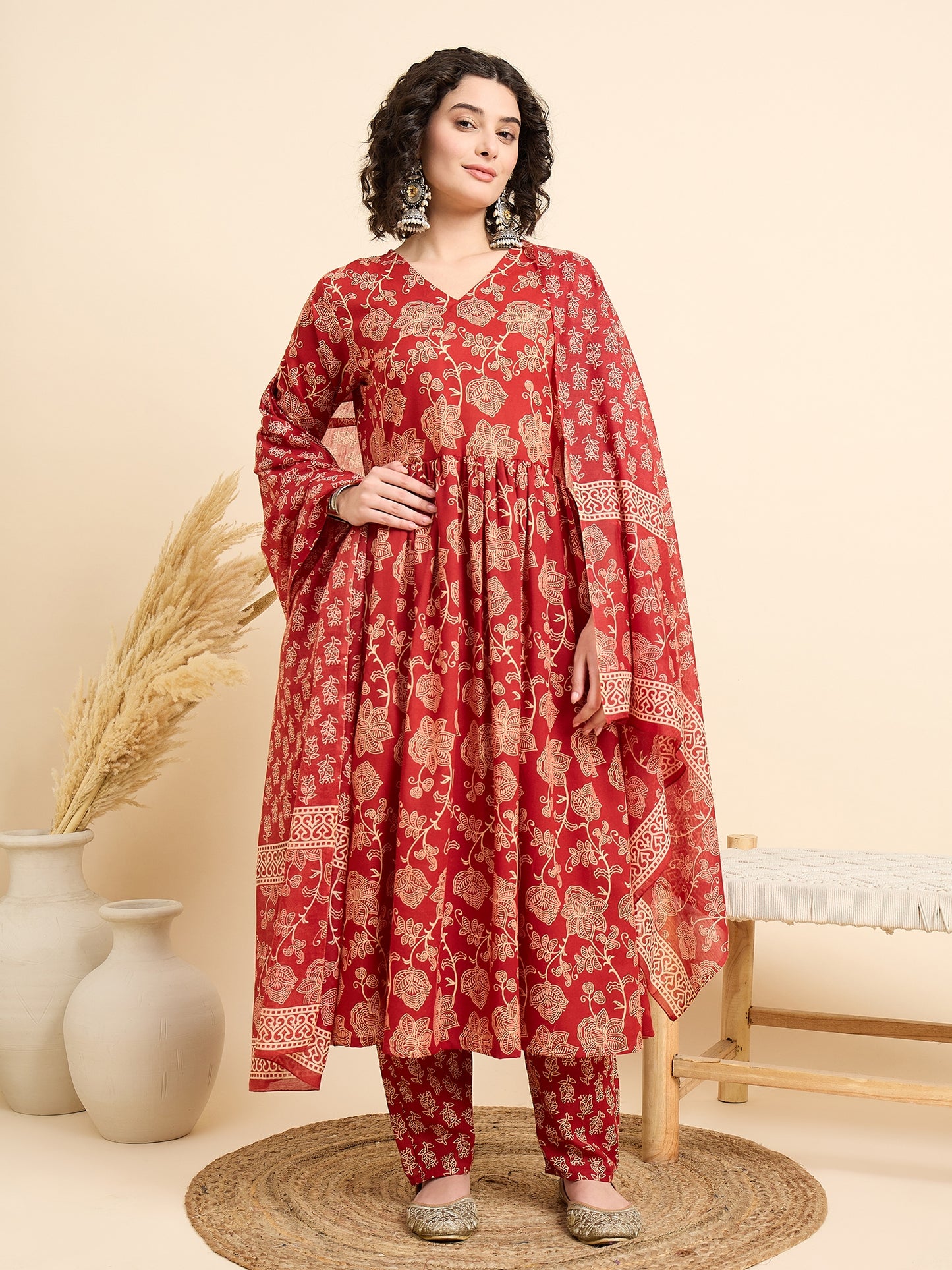 Women Viscose Red Anarkali Kurta And Pant Set With Dupatta