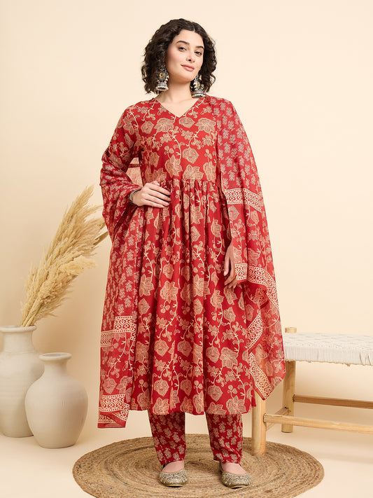 Women Viscose Red Anarkali Kurta And Pant Set With Dupatta
