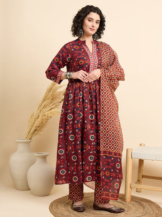 Women Viscose Red Anarkali Kurta And Pant Set With Dupatta