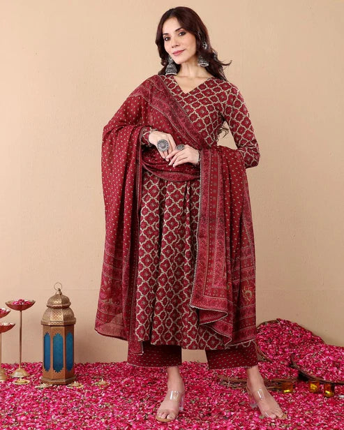 Printed A-Line Kurta and Pant Set With Dupatta
