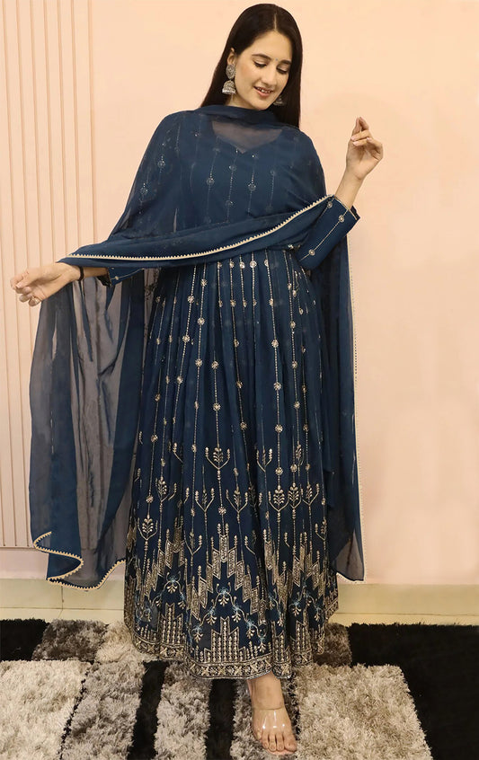 Embroidered Georgette Stitched Anarkali Gown With Dupatta