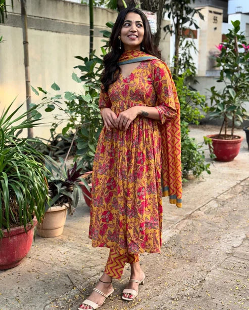 Floral Printed Anarkali Yellow Kurta And Pant Set With Dupatta