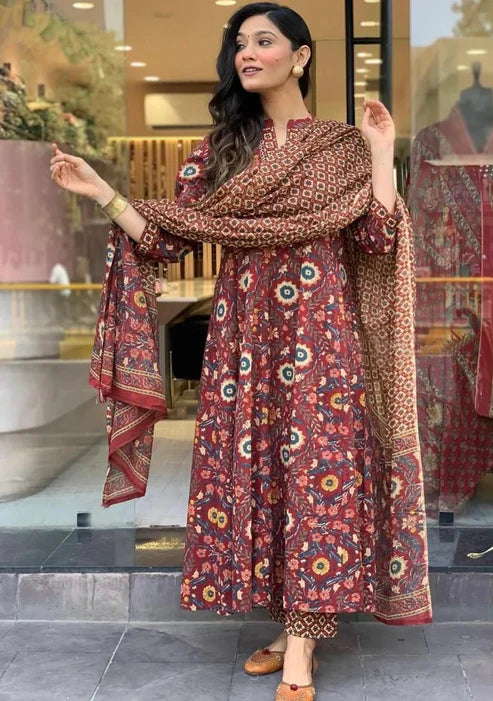 Printed A-Line Kurta and Pant Set With Dupatta