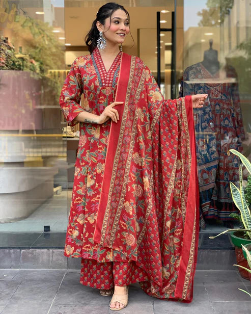 Printed A-Line Red Kurta and Pant Set With Dupatta