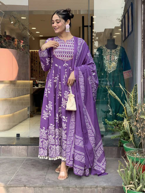 Printed Anarkali Purple Kurta and Pant Set With Dupatta