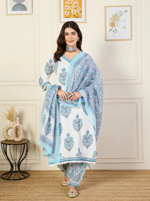 Printed Straight Kurta and Pant Set With Dupatta