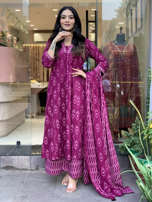 Printed A-Line Pink Kurta and Pant Set With Dupatta