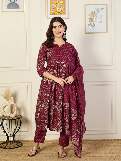 Floral Printed Anarkali Maroon Kurta and Pant Set With Dupatta