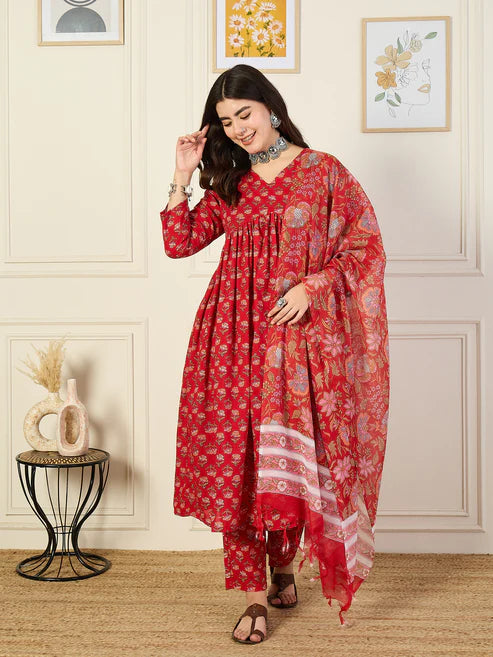Printed Anarkali Red Kurta and Pant Set With Dupatta