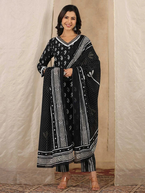 Printed Straight Black Kurta and Pant Set With Dupatta