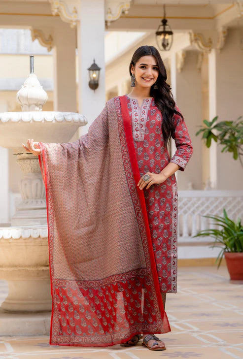 Printed Straight Red Kurta and Pant set with Dupatta