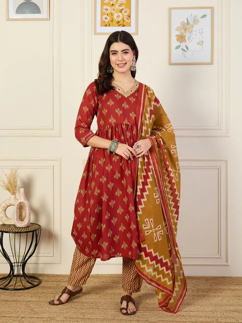 Printed Anarkali Kurta and Pant Set With Dupatta