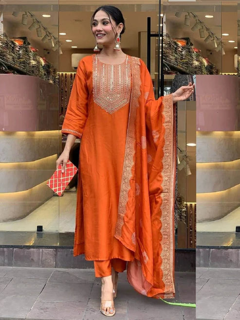 Embroidered Straight Kurta And Pant Set With Dupatta