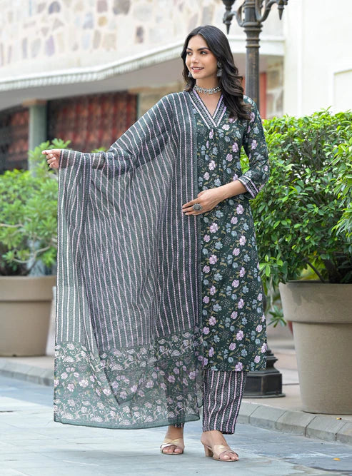 Embroidery Straight Kurta and Pant set with Dupatta
