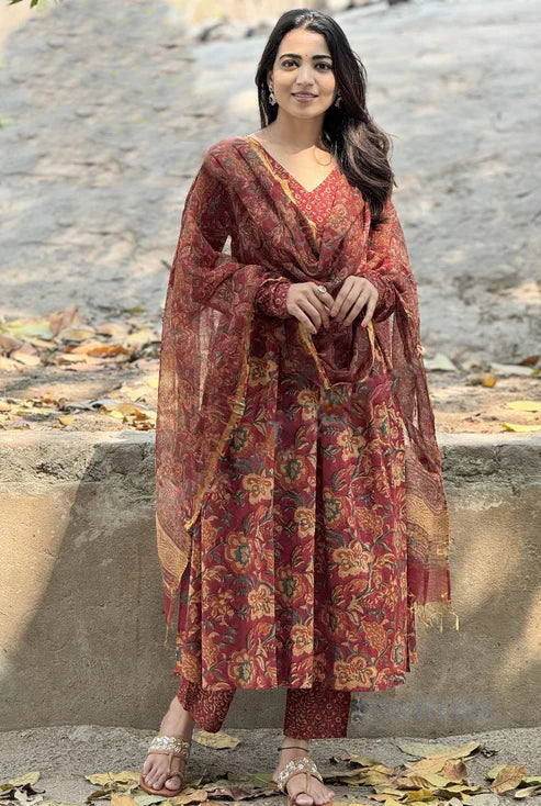 Printed Anarkali Red Kurta and Pant Set With Dupatta