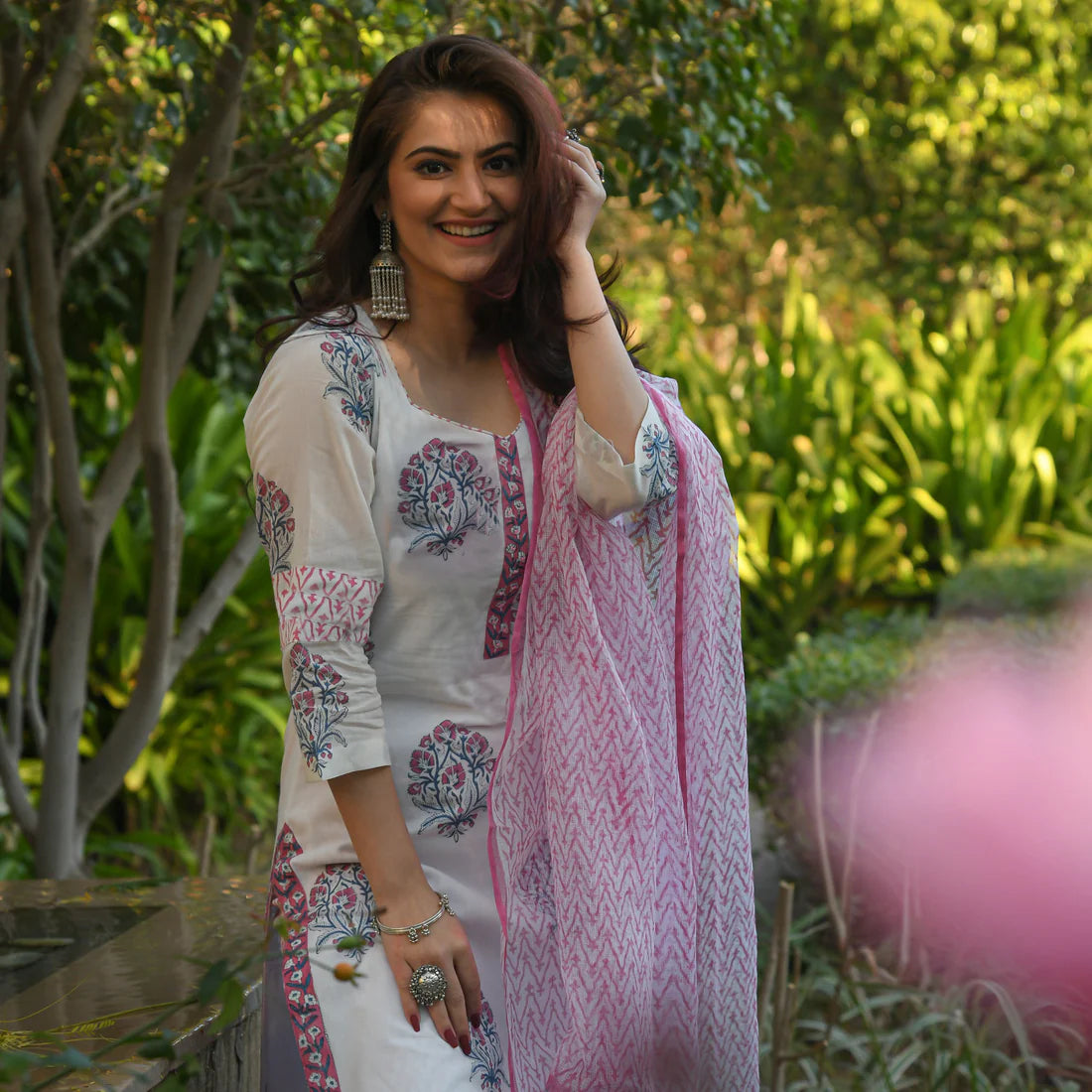 Ethnic Set Women Block Printed Kurta and Pant Set with Dupatta
