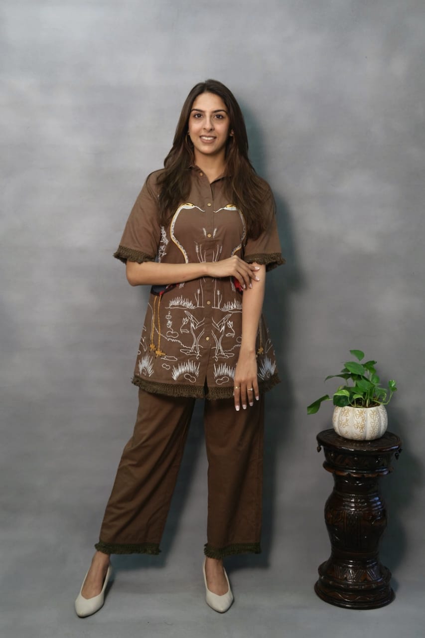 Flamingo Embroider Cotton Brown Coord set