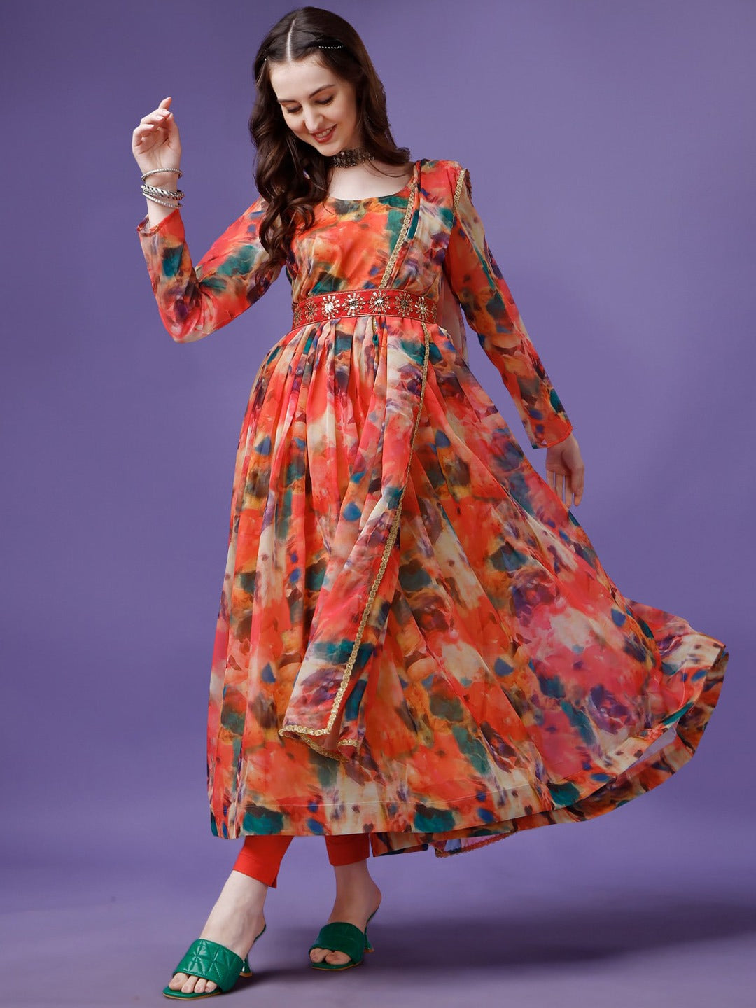 Printed Georgette Stitched Anarkali Gown With Dupatta