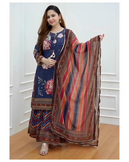 Printed and Embroidered Kurta and Sharara Set with Dupatta