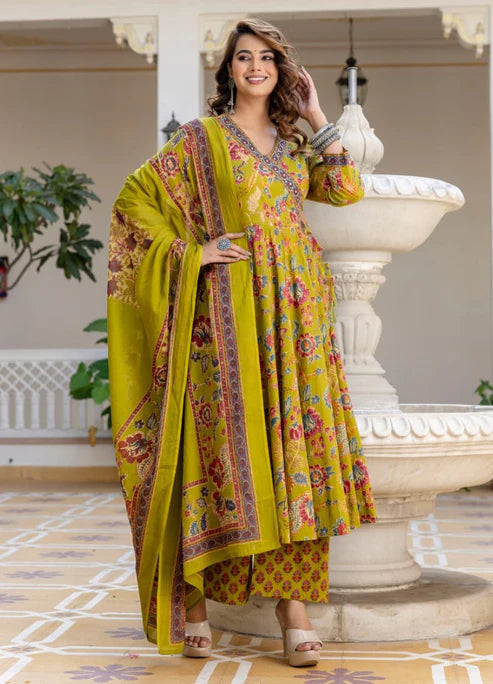 Anarkali Yellow Kurta And Pant Set With Dupatta