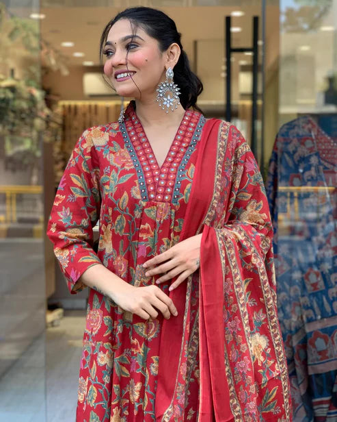 Printed A-Line Red Kurta and Pant Set With Dupatta