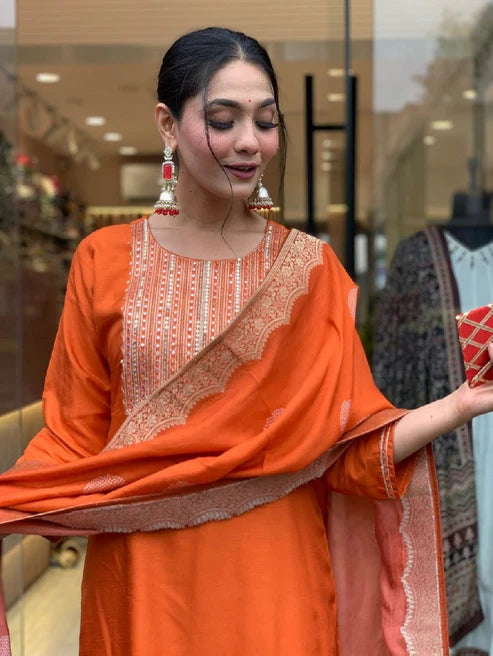 Embroidered Straight Kurta And Pant Set With Dupatta