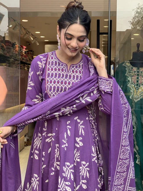 Printed Anarkali Purple Kurta and Pant Set With Dupatta