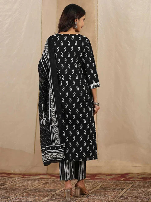 Printed Straight Black Kurta and Pant Set With Dupatta