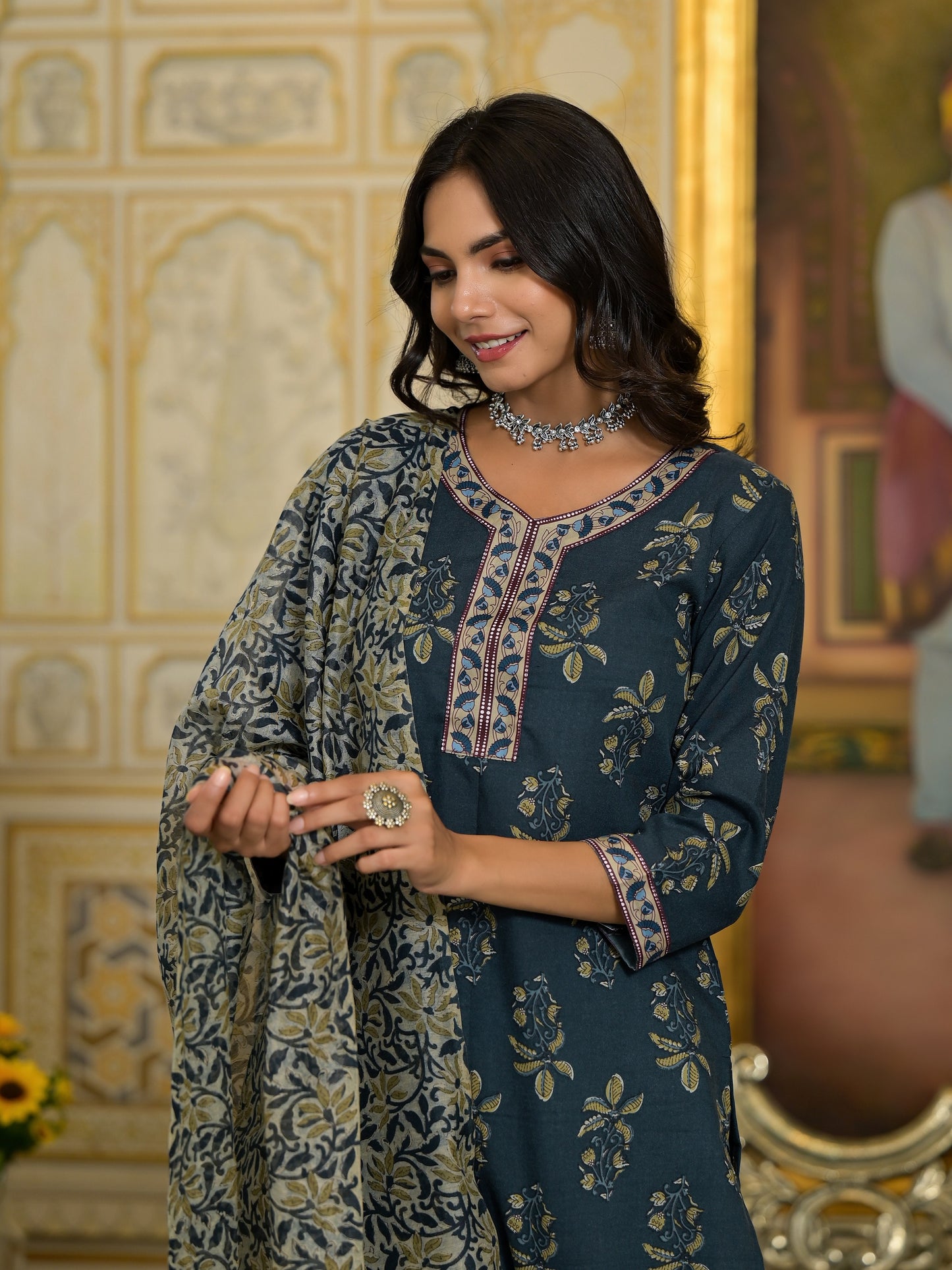 Women Navy Blue Embroidery Viscose Rayon Kurta, Pant And Dupatta Set
