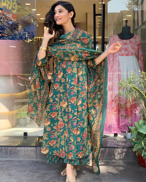 Printed A-Line Green Kurta and Pant Set With Dupatta