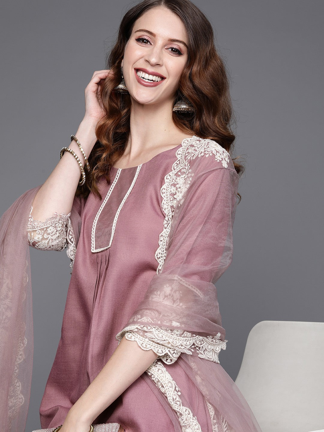 Women Pink Anarkali Kurta And Pant Set With Dupatta