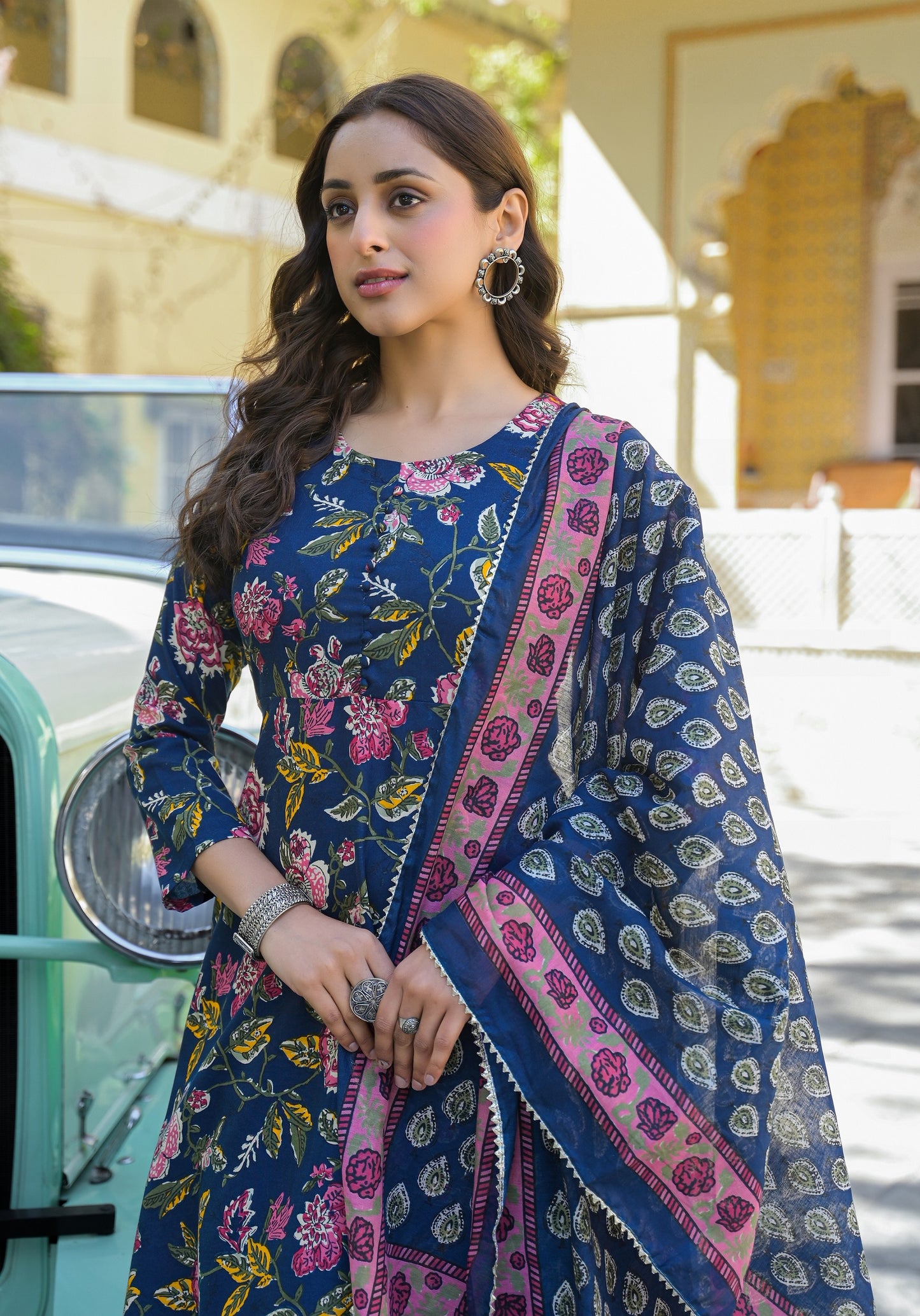 Women Viscose Blue Anarkali Kurta And Pant Set With Dupatta