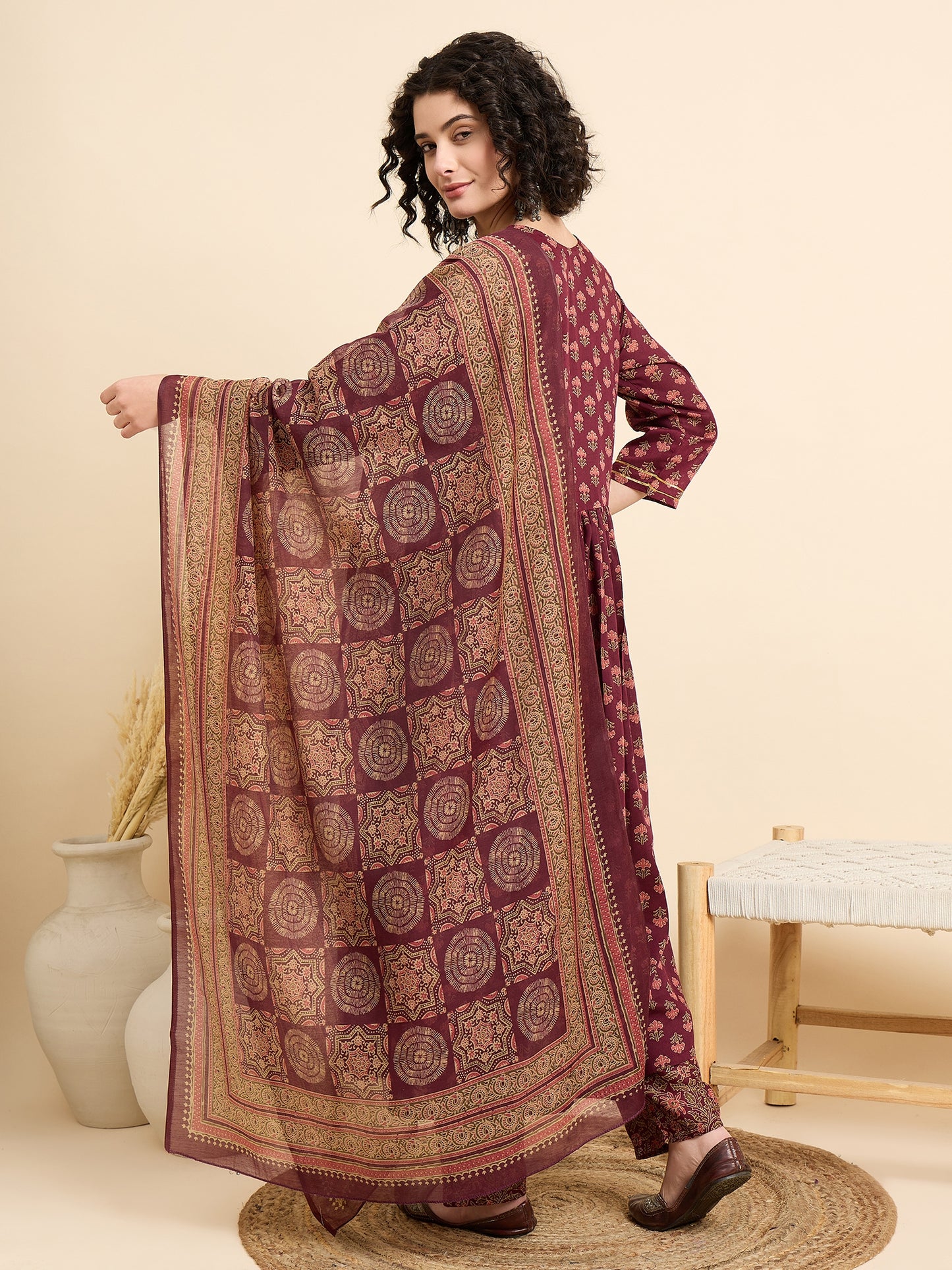 Women Viscose Maroon Anarkali Kurta And Pant Set With Dupatta
