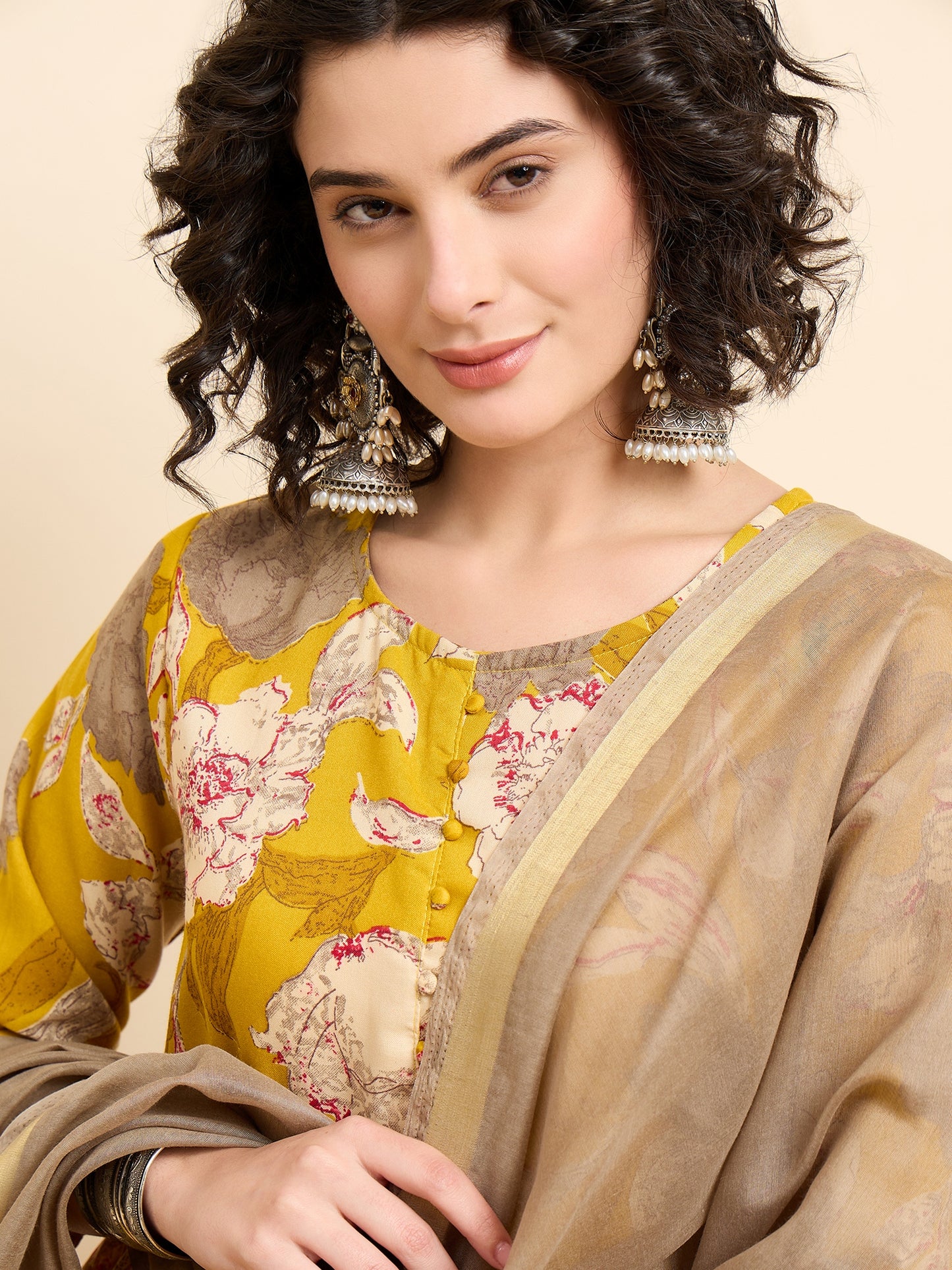 Women Viscose Yellow Anarkali Kurta And Pant Set With Dupatta
