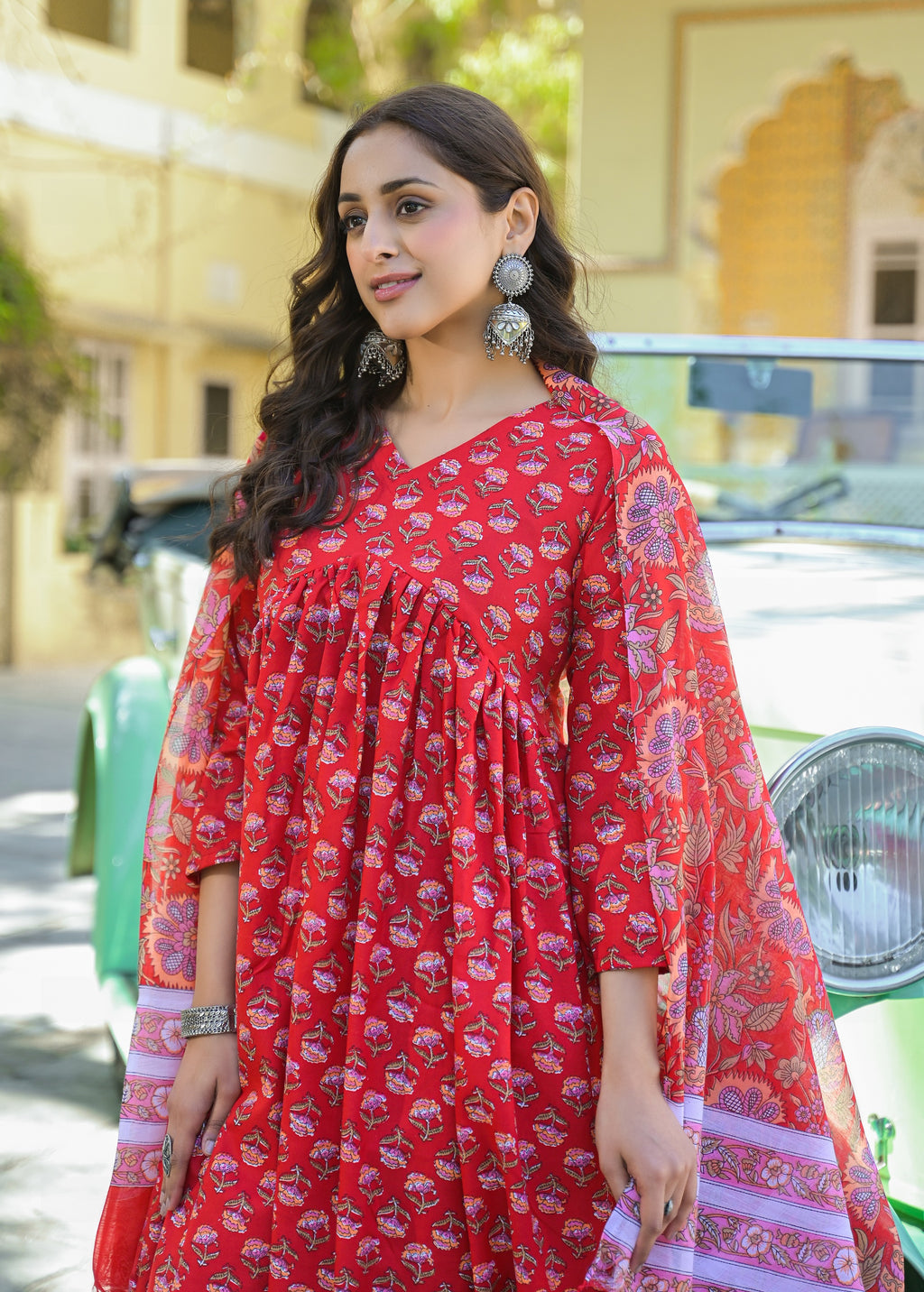 Women Viscose Red Anarkali Kurta And Pant Set With Dupatta