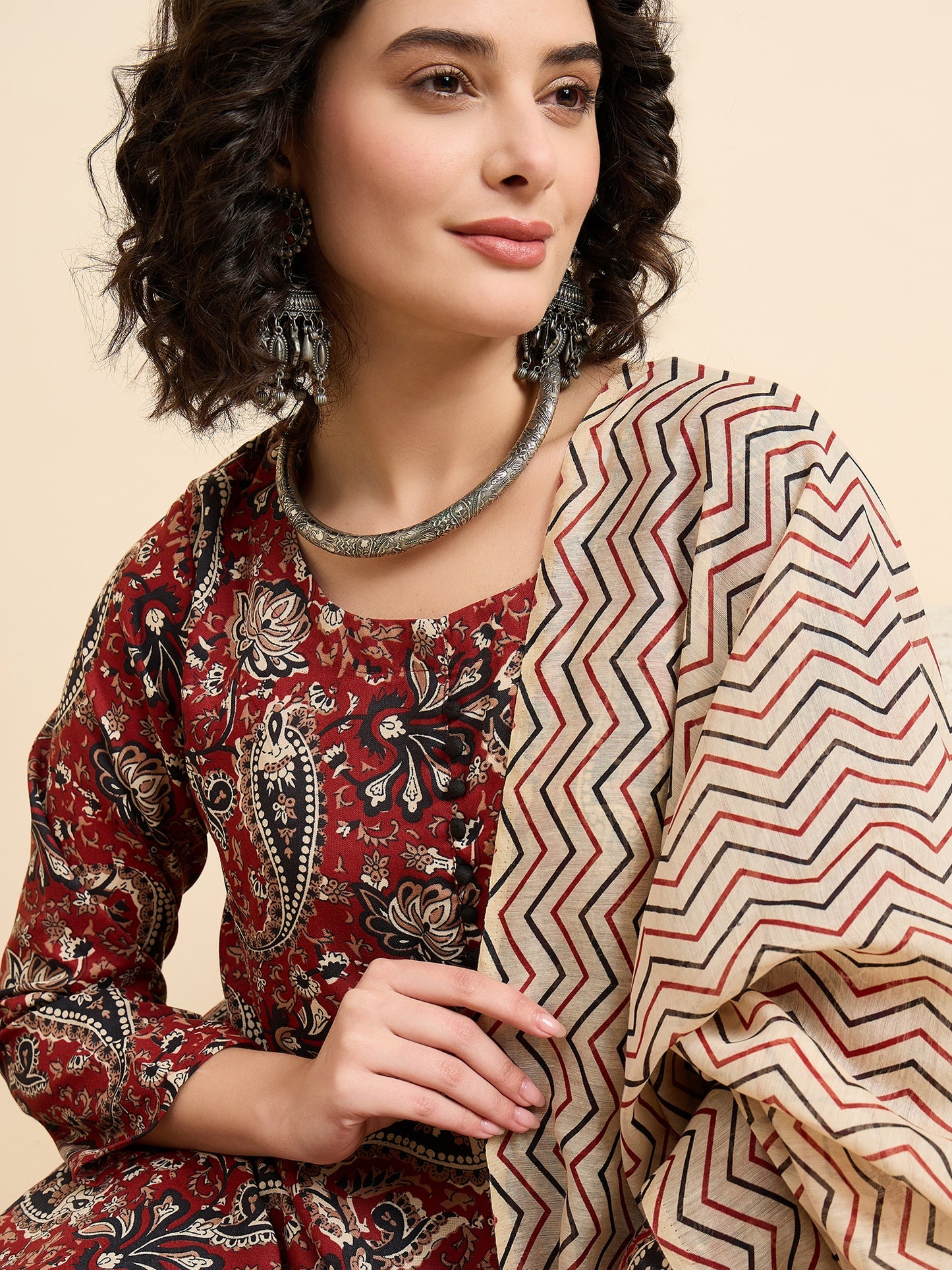 Women Viscose Maroon Anarkali Kurta And Pant Set With Dupatta