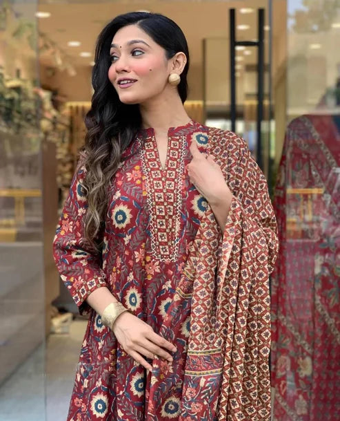 Printed A-Line Kurta and Pant Set With Dupatta