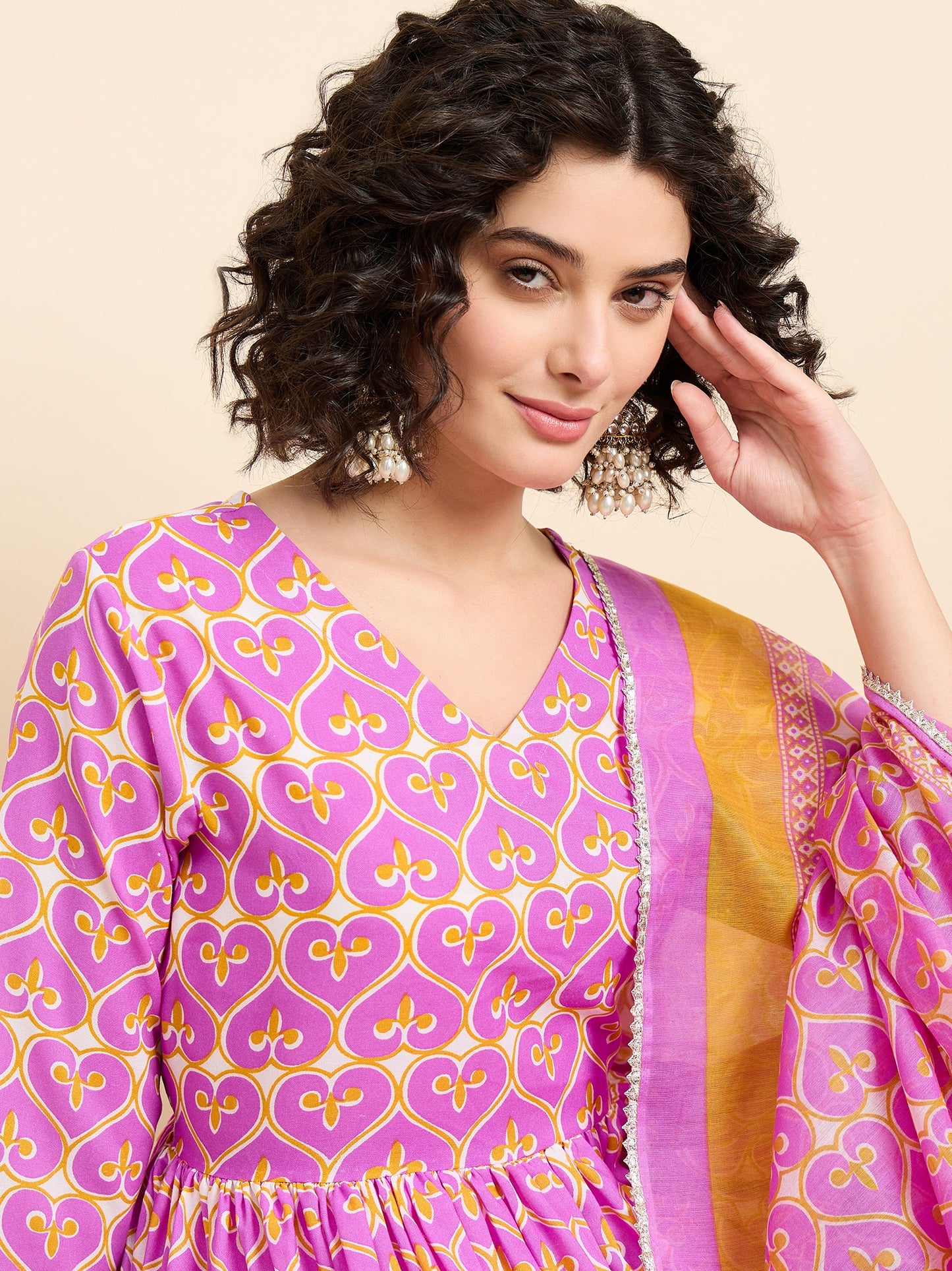 Women Viscose Pink Anarkali Kurta And Pant Set With Dupatta
