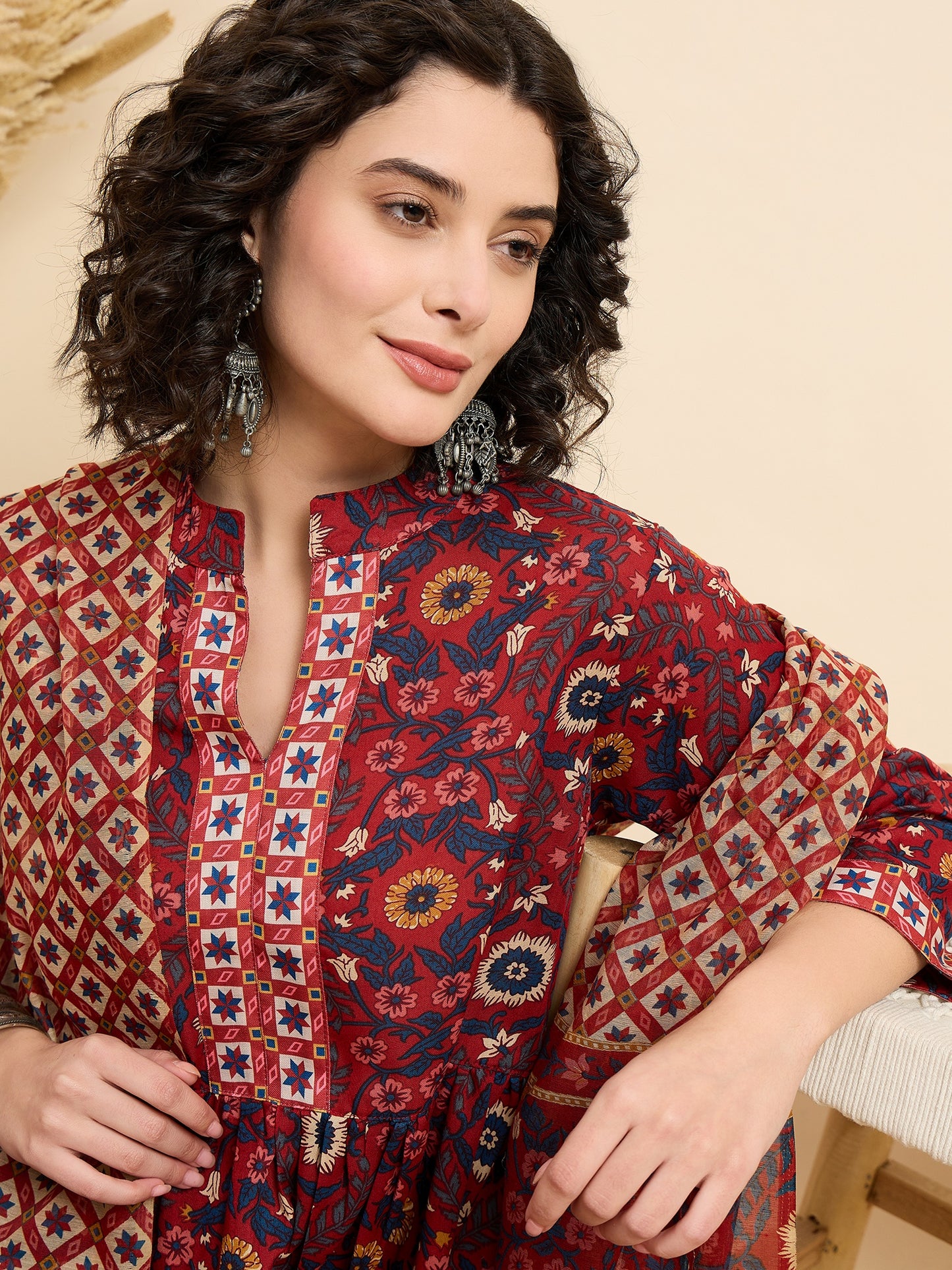 Women Viscose Red Anarkali Kurta And Pant Set With Dupatta