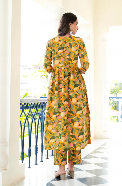 Yellow Floral Printed Anarkali Kurta and Pant Set With Dupatta