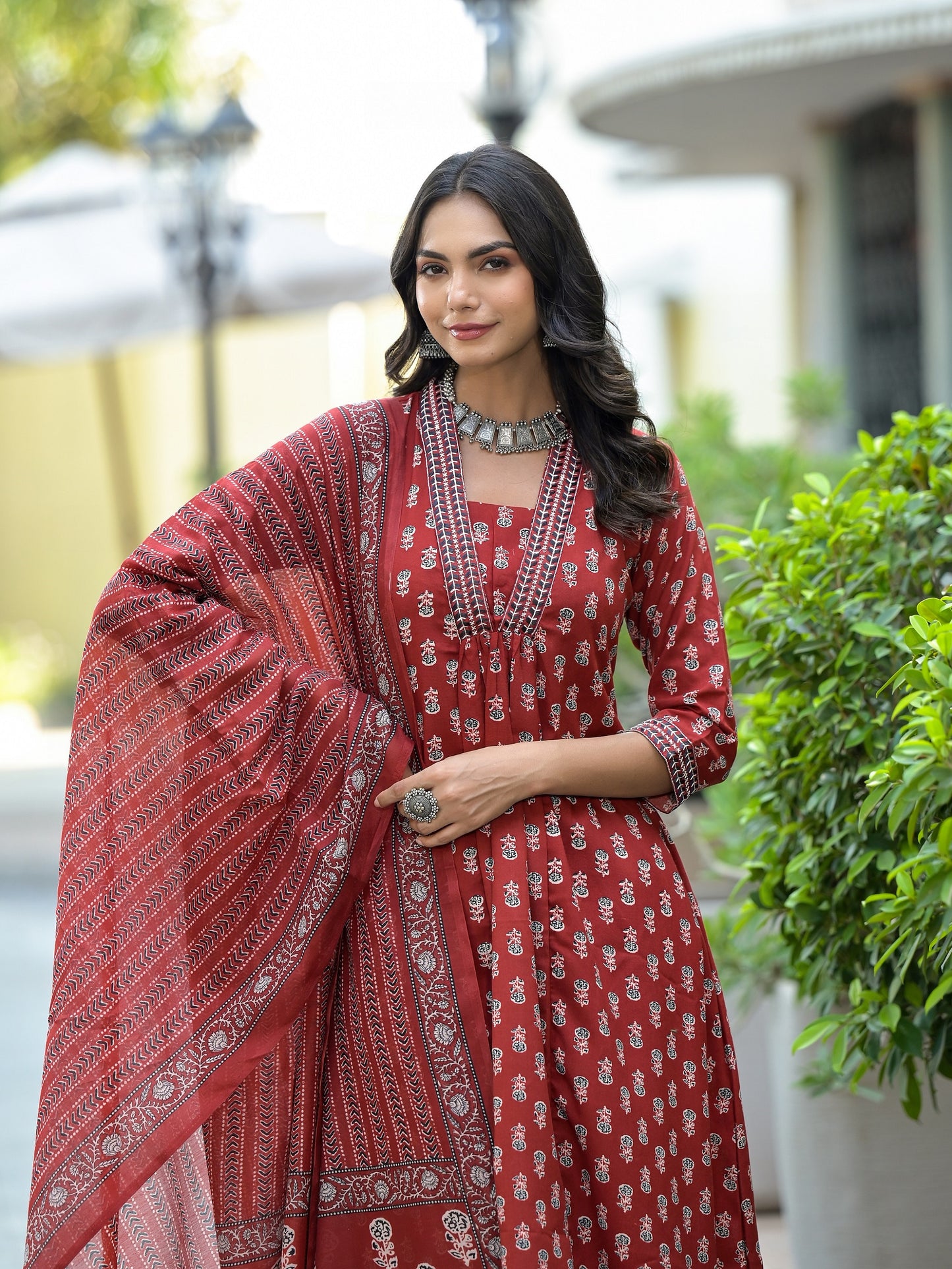 Women Red Embroidery Viscose Rayon Kurta, Pant And Dupatta Set