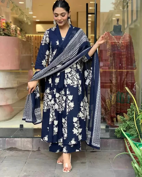 Printed A-Line Blue Kurta and Pant Set With Dupatta