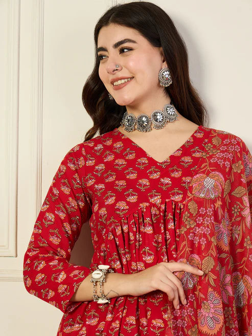 Printed Anarkali Red Kurta and Pant Set With Dupatta